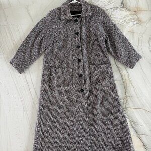 Vintage 60s Women's Full-Length Wool Swing Coat, B&W Herringbone, Red Accent